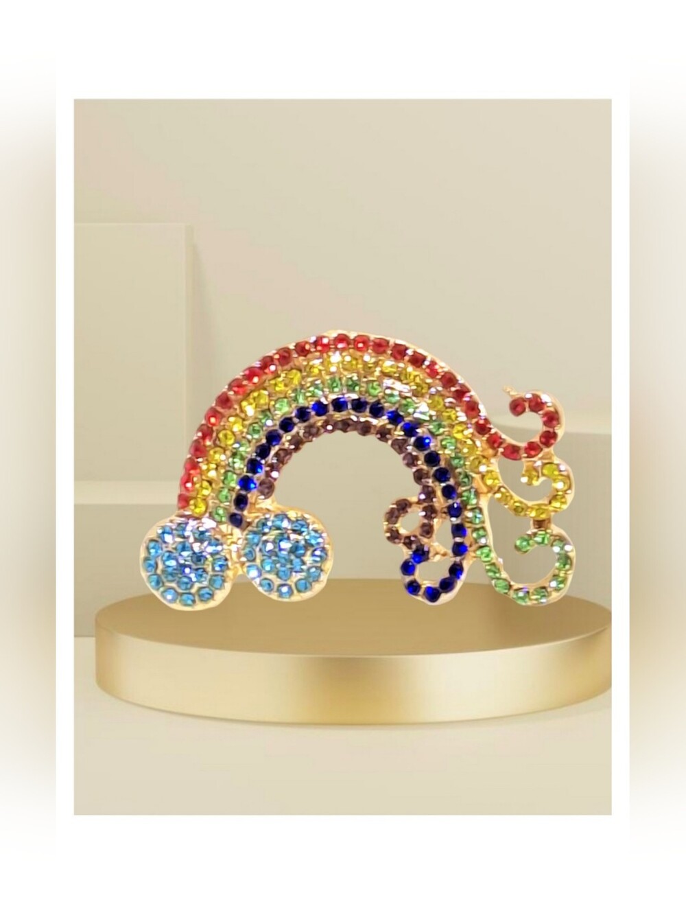Stunning Rainbow rhinestone brooch/pin/pendant necklace, gold tone w/bonus chain